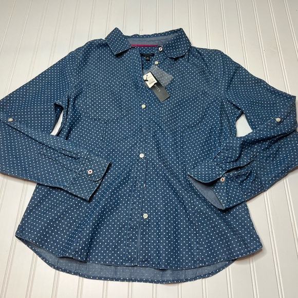 Talbots Chambray Denim Polka Dot Button Up Down Shirt Top 10 Women NEW. 248 - Picture 1 of 3